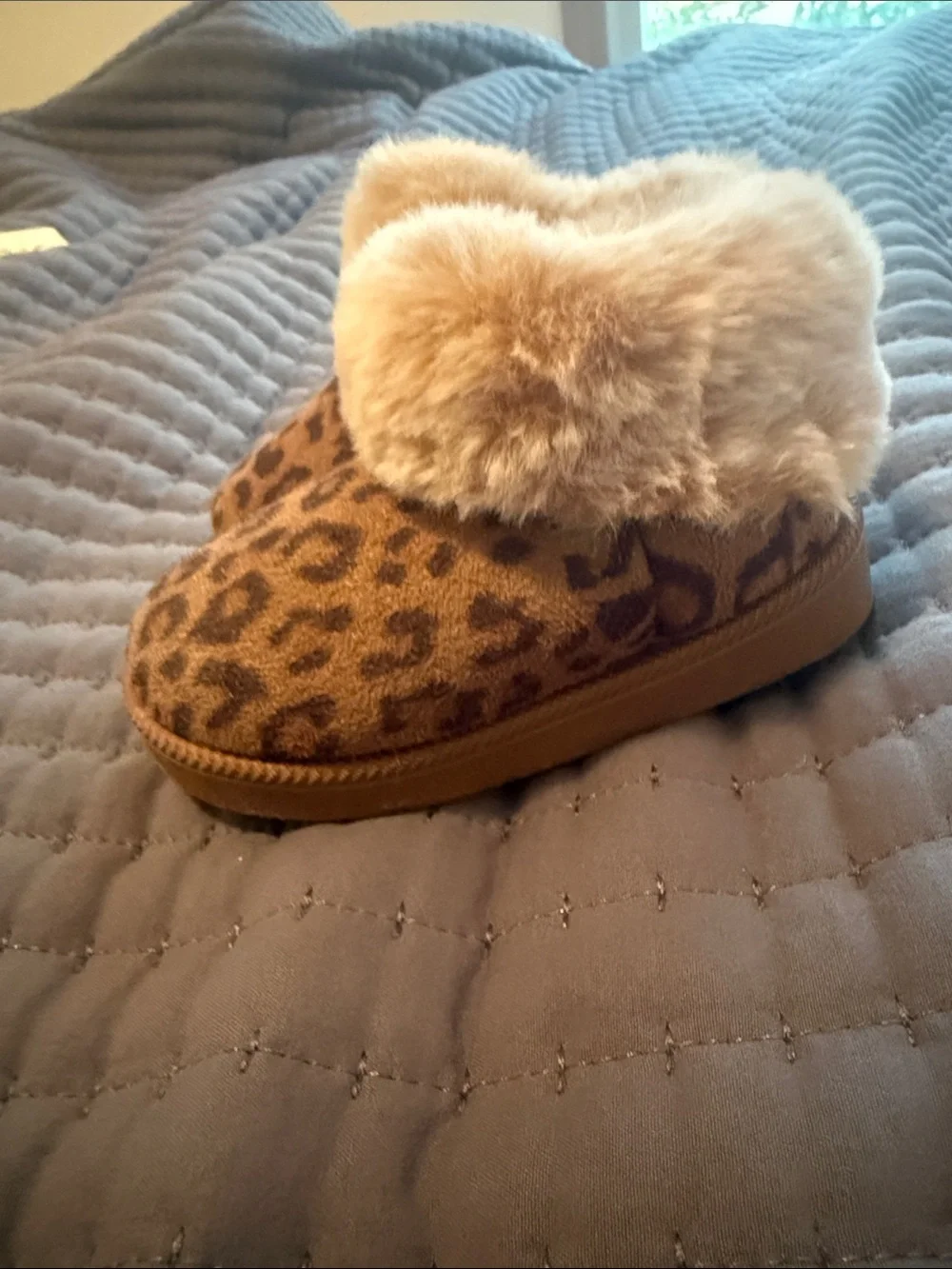 Kids Leopard Print Faux Fur Cuff Booties - Brown